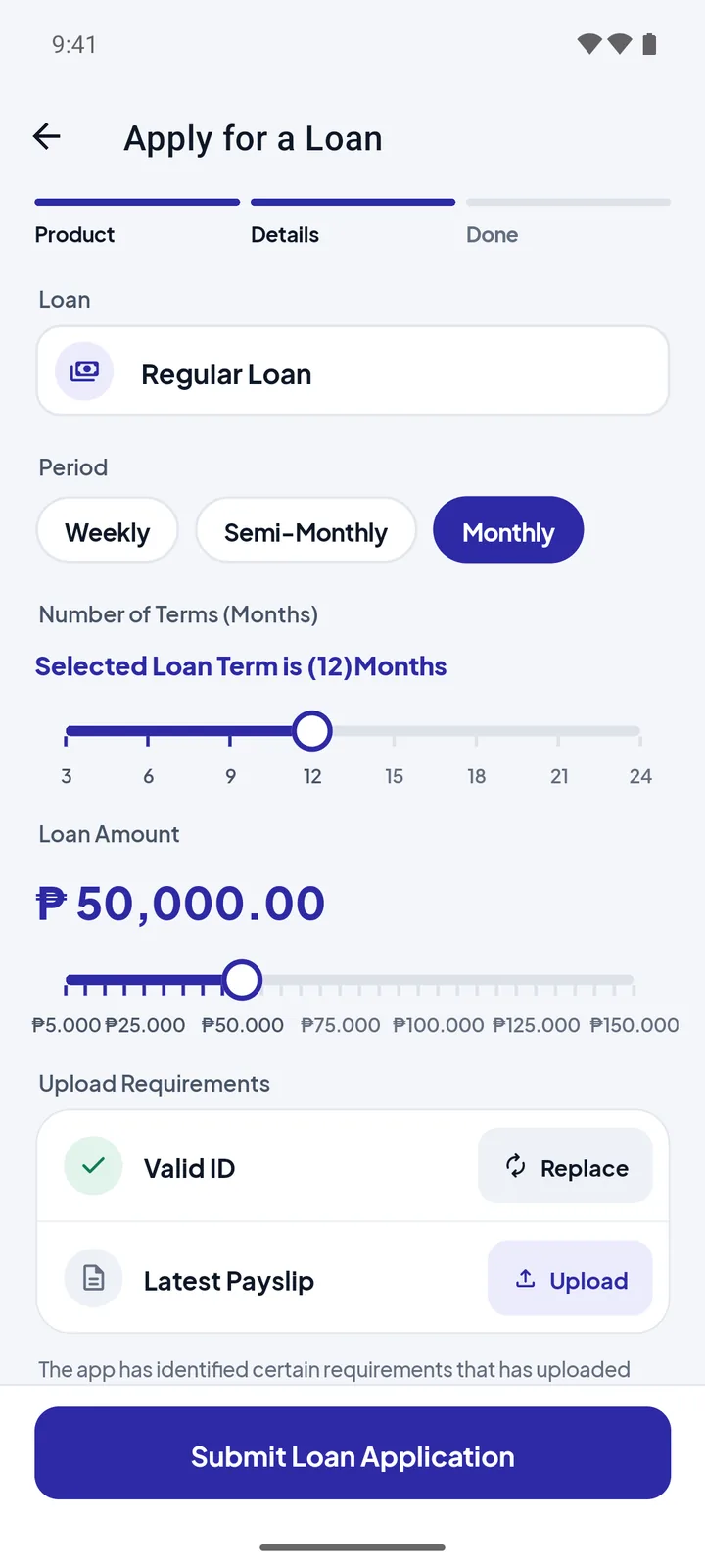 One Cloud ERP Members App loan application with payment period, term, amount, and uploaded requirements