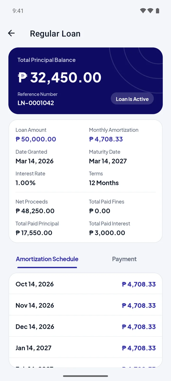 One Cloud ERP Members App loan details with principal balance, amortization, and payment schedule