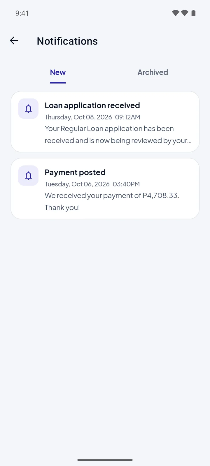 One Cloud ERP Members App notifications for a loan application and a posted payment