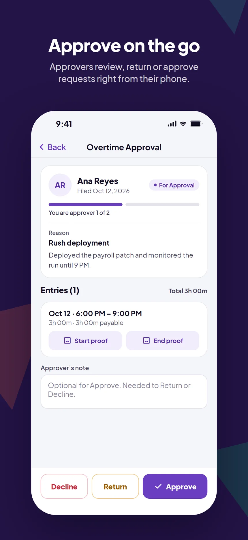 SalarioX One approval screen where a supervisor approves a request