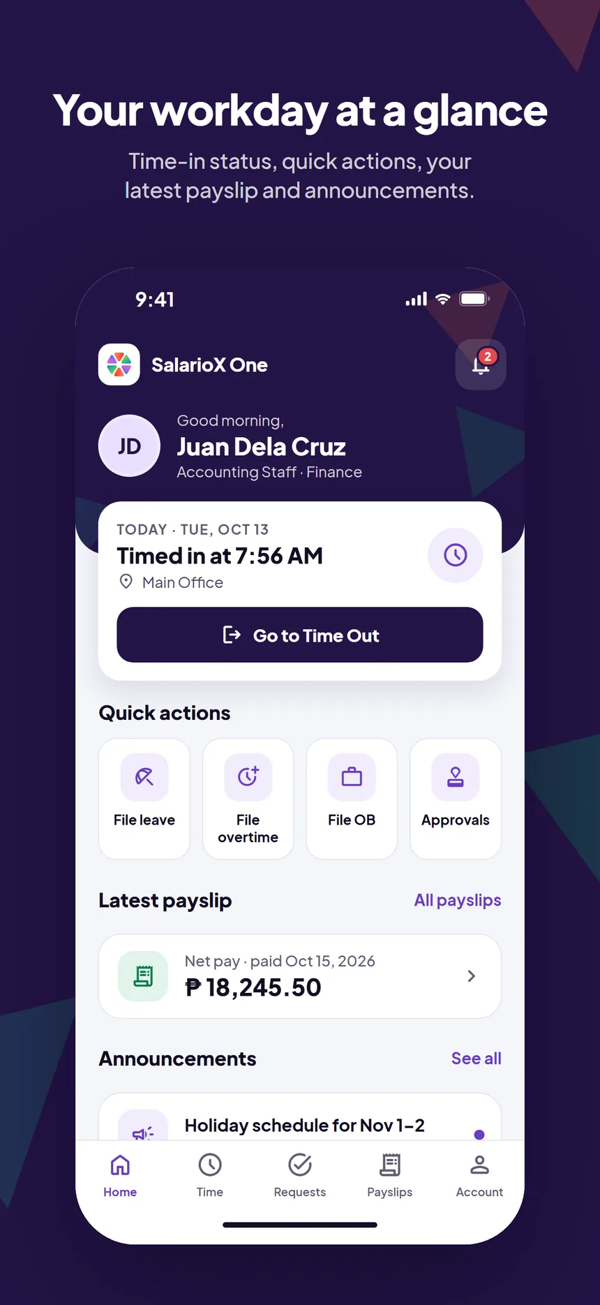 SalarioX One home screen with today's time in, quick actions, latest payslip, and announcements