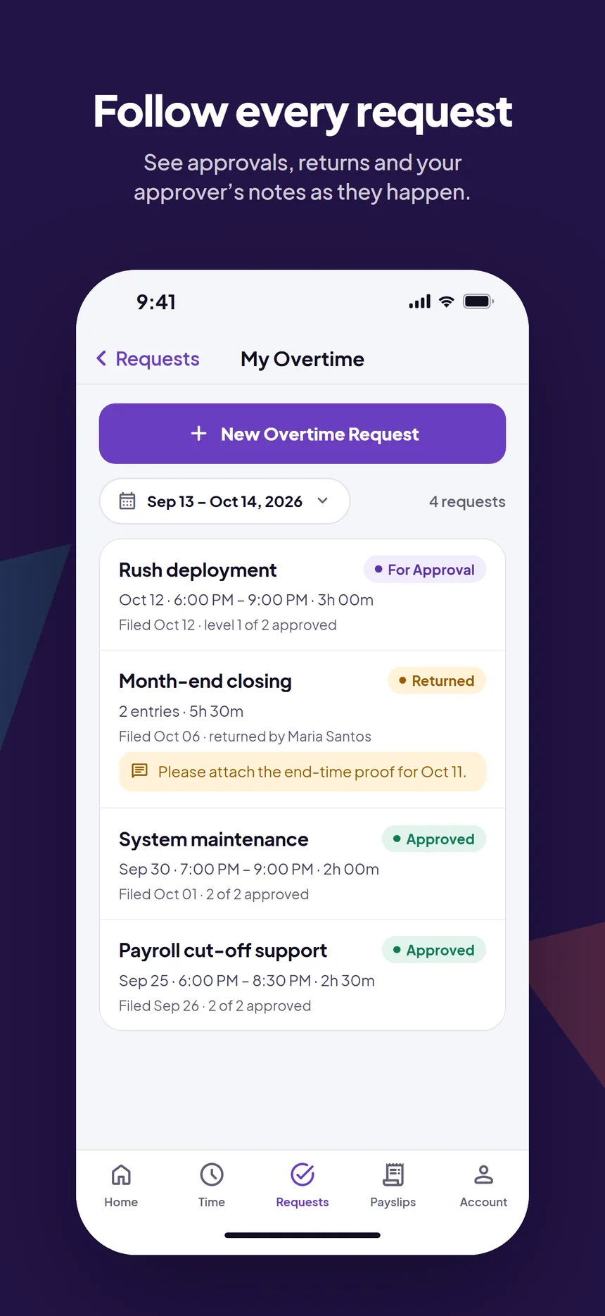 SalarioX One overtime list with request status