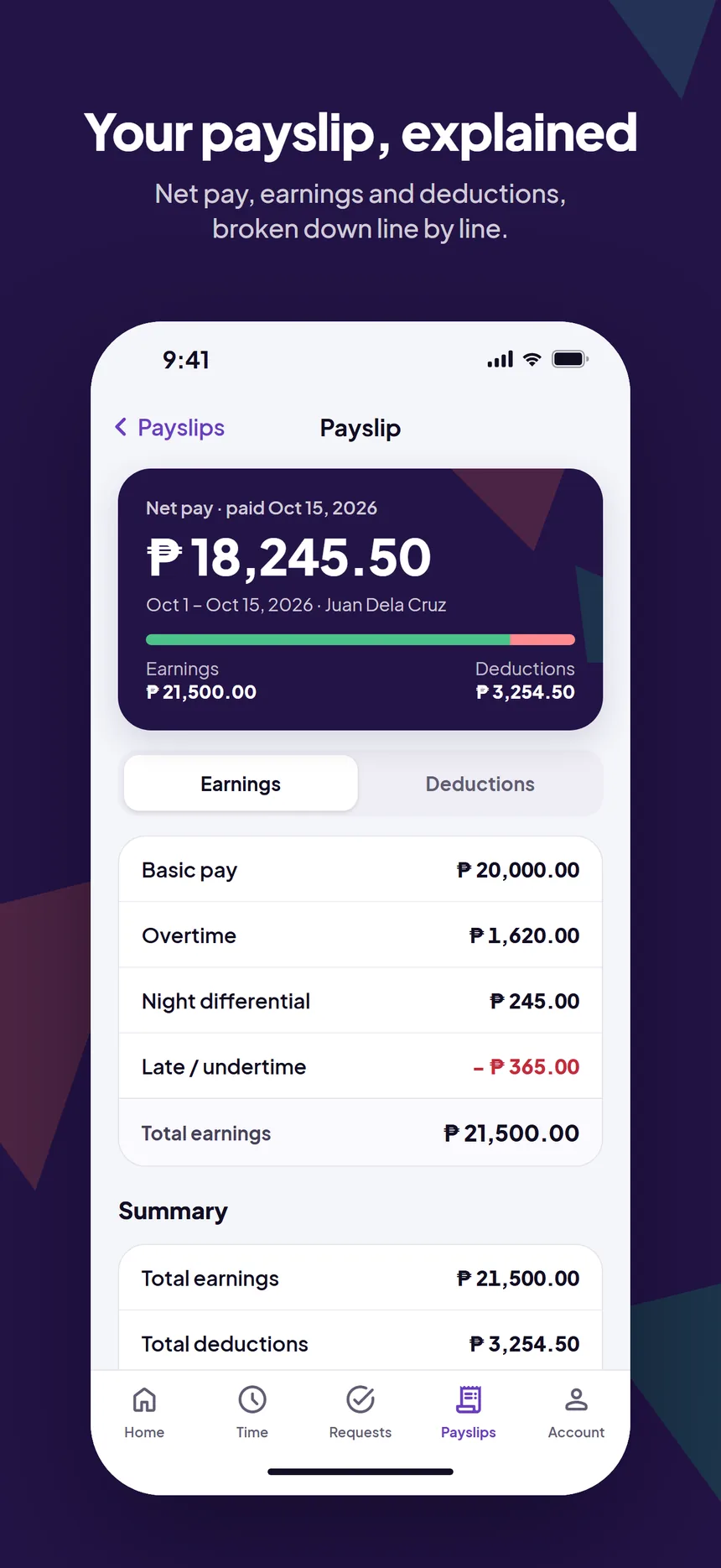 SalarioX One payslip with earnings, deductions, and net pay