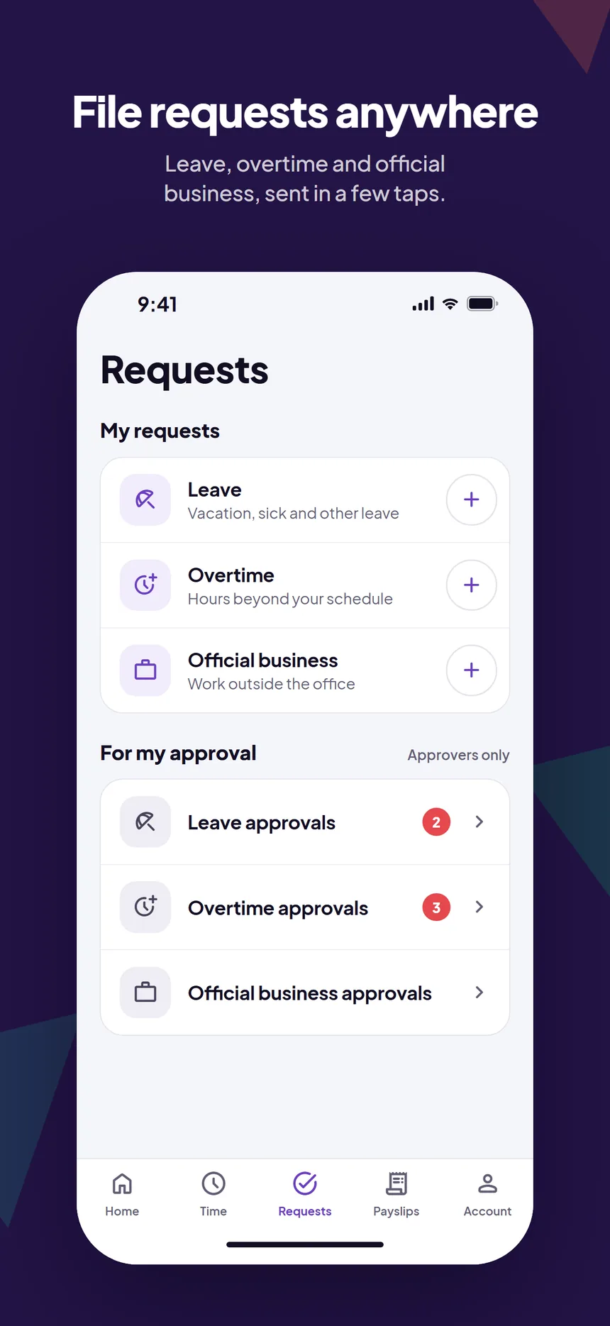 SalarioX One requests screen for leave, overtime, and official business