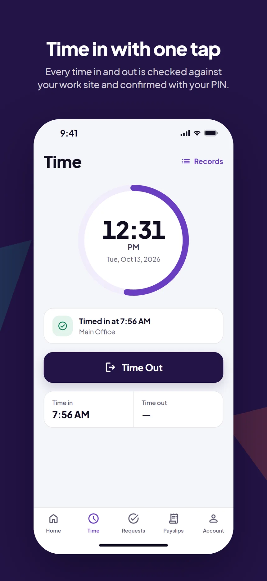 SalarioX One time keeping screen for timing in and out at a work site