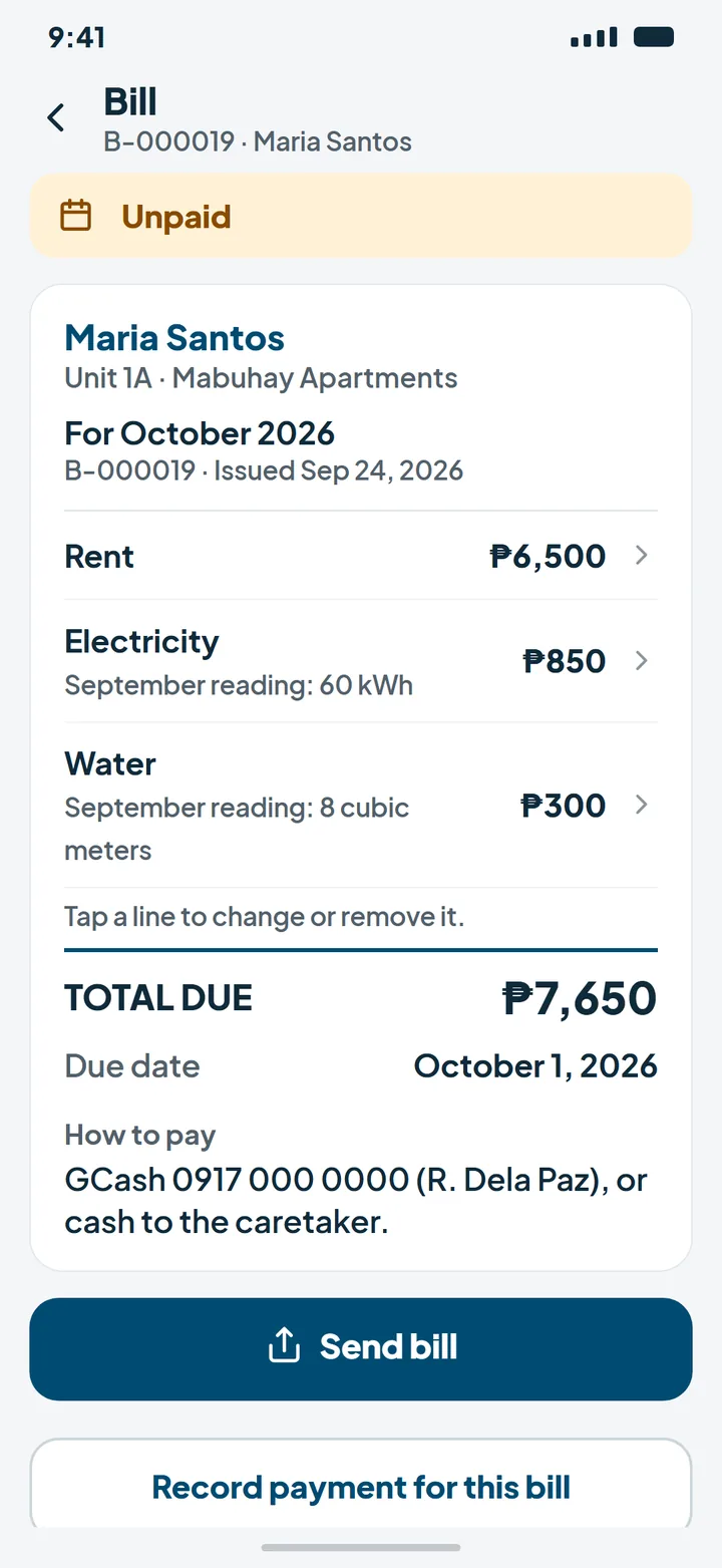 Unitly bill statement with rent, charges, previous balance, and how to pay