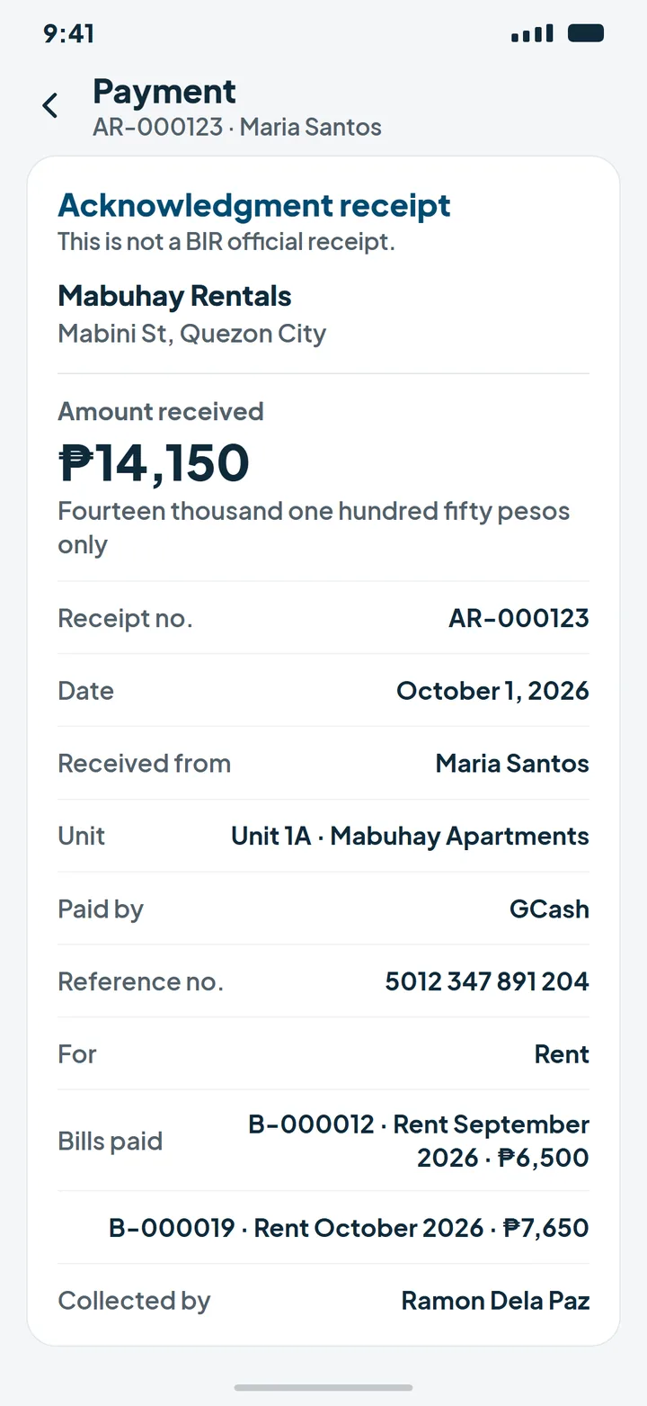 Unitly numbered acknowledgment receipt with the amount in words