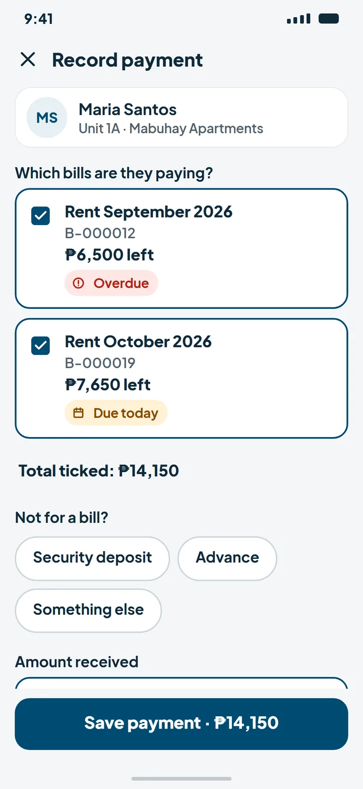 Unitly record payment screen with bills to settle and GCash and Maya payment methods