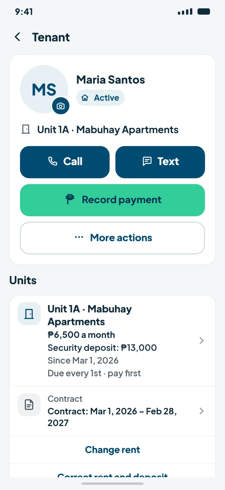 Unitly tenant profile with rent, deposit, contract dates, and account summary