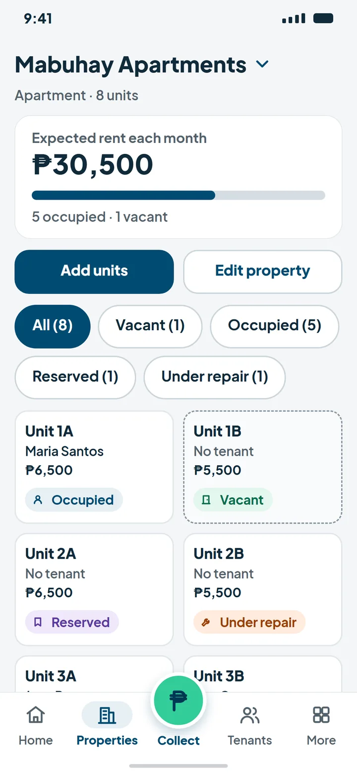 Unitly units list for a property with vacant and occupied units
